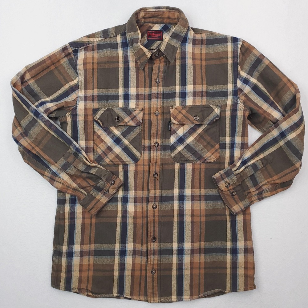 FiveBrother Shirt Mens Large Tall Brown Plaid Flannel Button Front Workwear